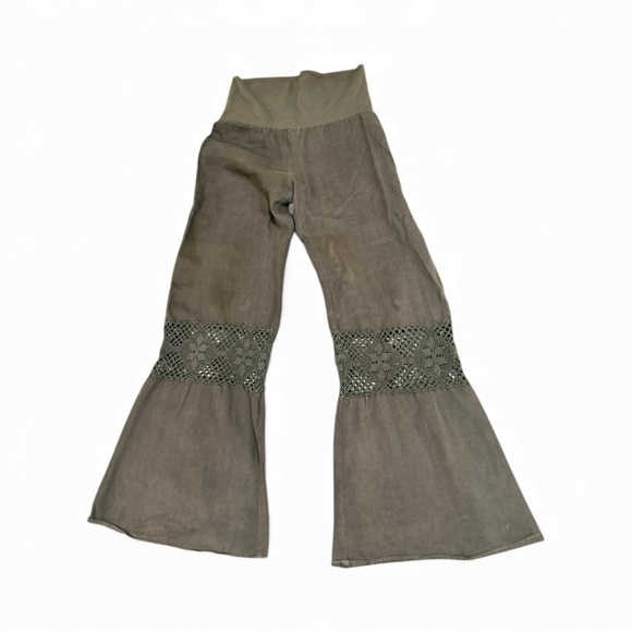 Yogi Brown high waisted Wide Leg crochet inlay 100% linen Pants size medium - Picture 4 of 7
